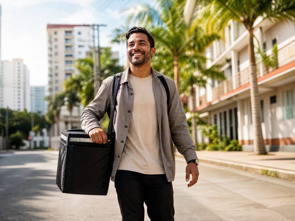 Repartidor caminando con un pedido en una calle de Panamá